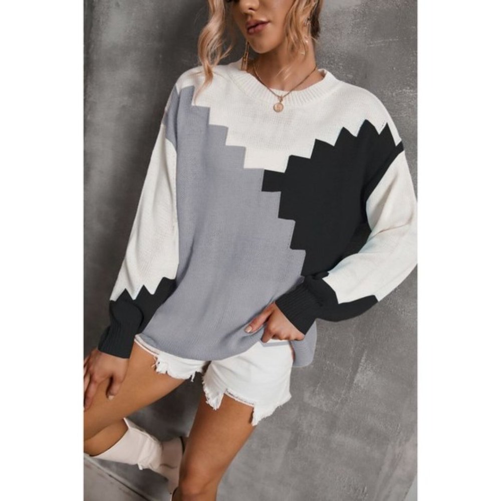 Color Block Dropped Shoulder Knit Pullover - Picture 7 of 12